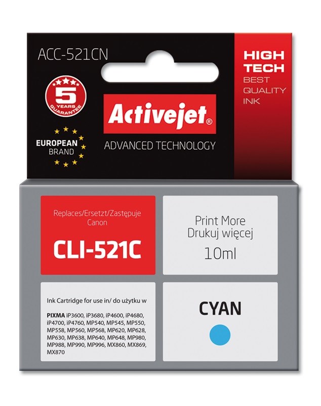 Activejet Inkoust ACC-521CN (náhradní inkoust Canon CLI-521C; Supreme; 10 ml; modrý)