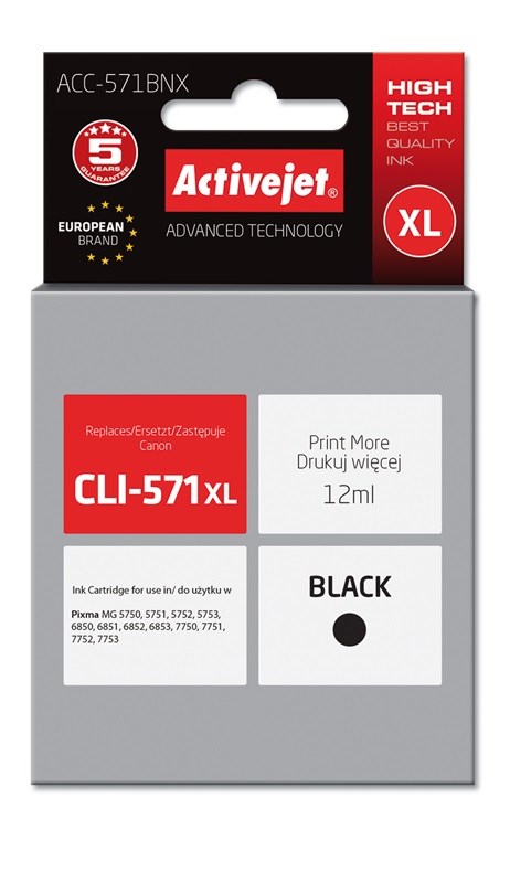 Activejet Inkoust ACC-571BNX (náhradní inkoust Canon CLI-571Bk XL; Supreme; 12 ml; černý)