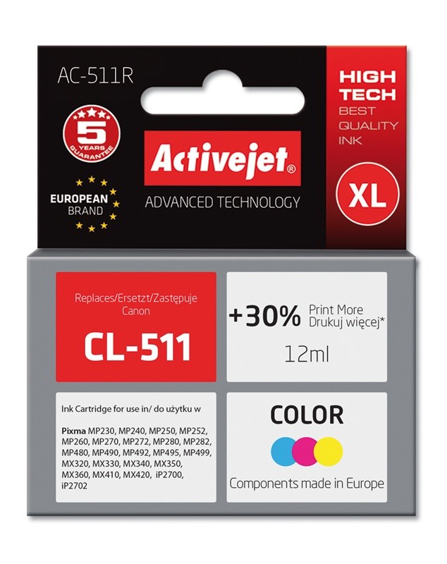 Activejet Inkoust AC-511R (náhrada za Canon CL-511; Premium; 12 ml; barevný)