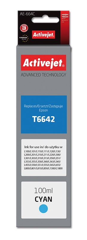 Activejet AE-664C lahvička s inkoustem pro tiskárnu Epson, náhradní Epson T6642; Supreme; 100 ml; modrá barva