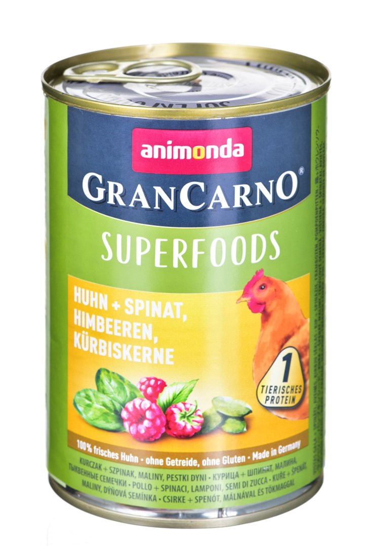 ANIMONDA GranCarno Superfoods příchuť: kuře, špenát, malina, dýňová semínka - plechovka  400 g
