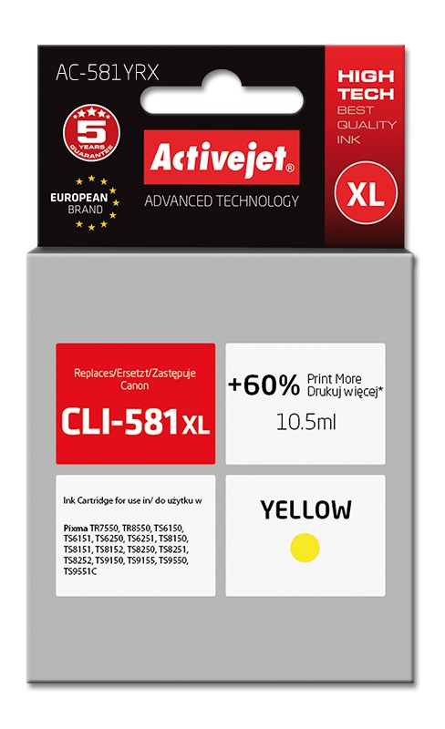 Activejet Inkoust AC-581YRX (náhradní inkoust Canon CLI-581XL; Premium; 10,5 ml; žlutý)