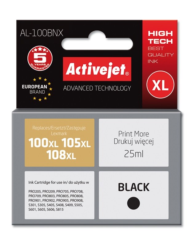 Activejet Inkoust AL-100BNX (náhradní inkoust Lexmark 100XL/105XL/108XL 14N1068E; Supreme; 25 ml; černý)