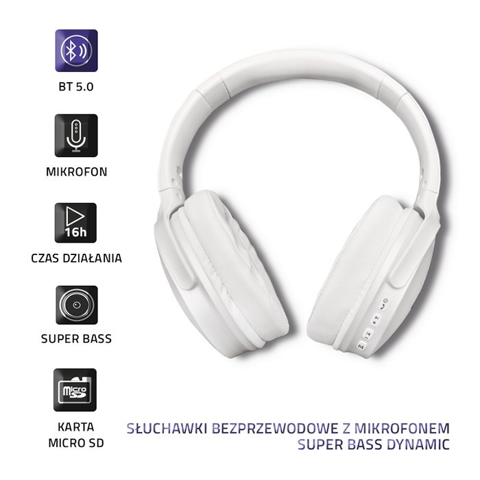Qoltec 50850 Bezdrátová sluchátka s mikrofonem Super Bass | Dynamický | BT | Perlově bílá