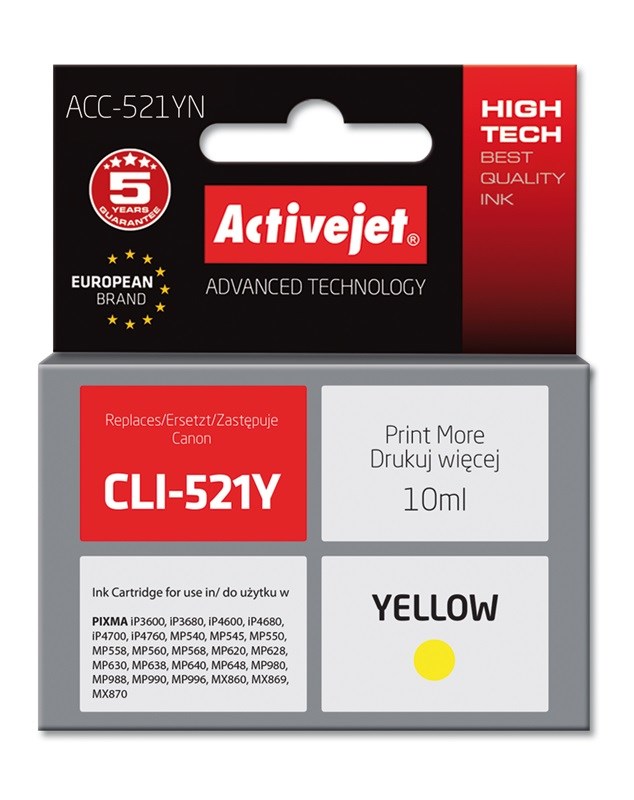 Activejet Inkoust ACC-521YN (náhradní inkoust Canon CLI-521Y; Supreme; 10 ml; žlutý)