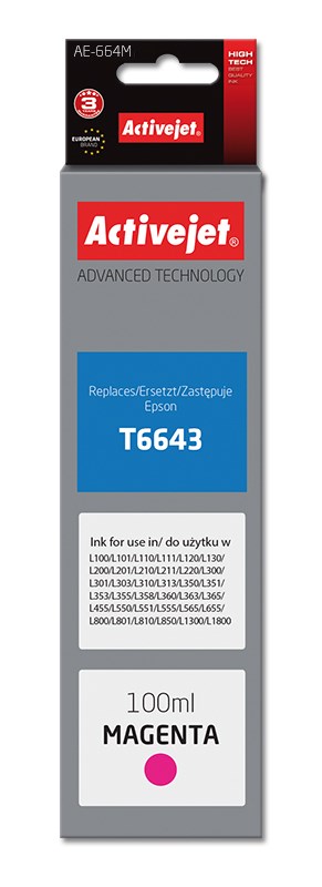 Activejet AE-664M inkoustová lahvička pro tiskárnu Epson, náhradní inkoust Epson T6643; Supreme; 100 ml; magenta