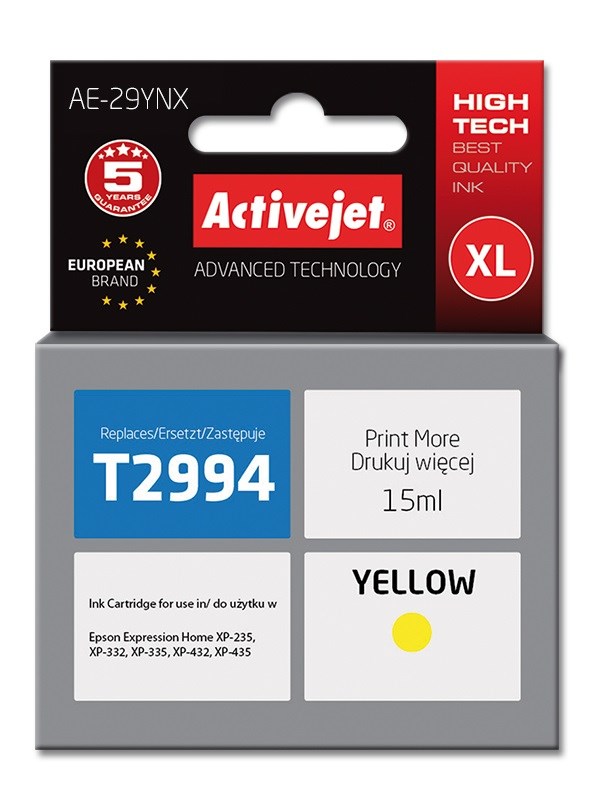 Activejet Inkoust AE-29YNX (náhradní inkoust Epson 29XL T2994; Supreme; 15 ml; žlutý)