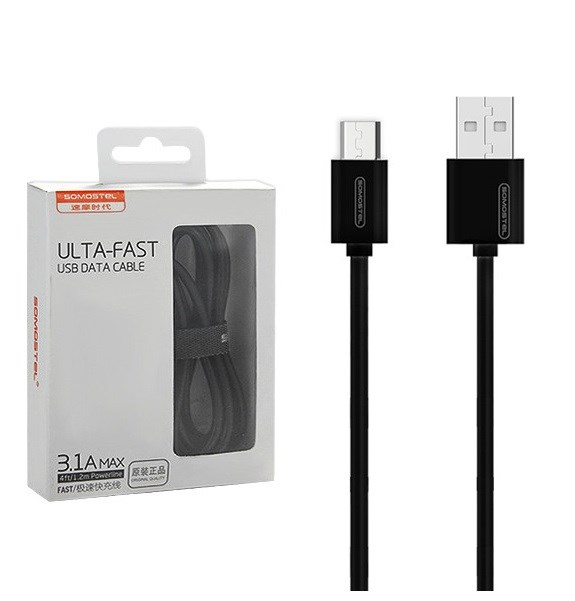 USB CABLE MICRO 3A BLACK SOMOSTEL 3100mAh QUICK CHARGER 1.2M POWERLINE SMS-BP02