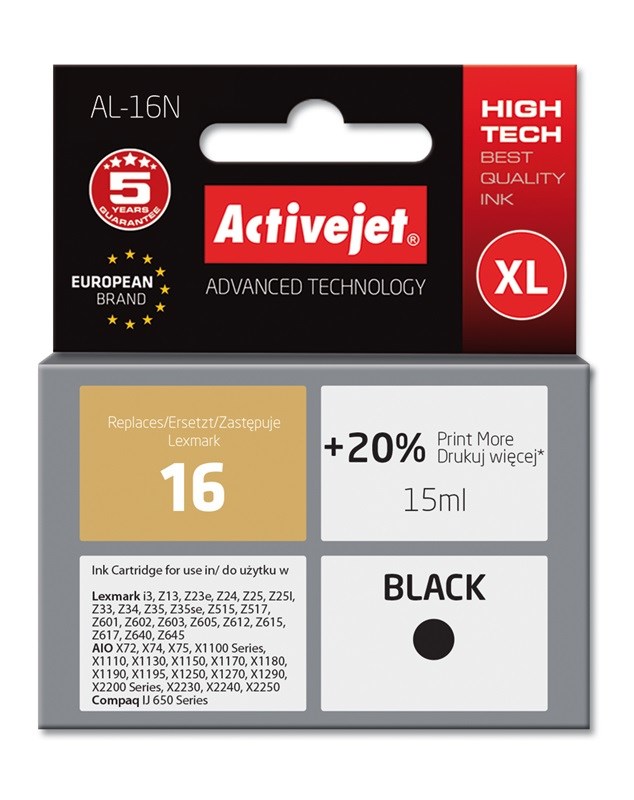 Activejet Inkoust AL-16N (náhradní inkoust Lexmark 16 10N0016; Supreme; 15 ml; černý)