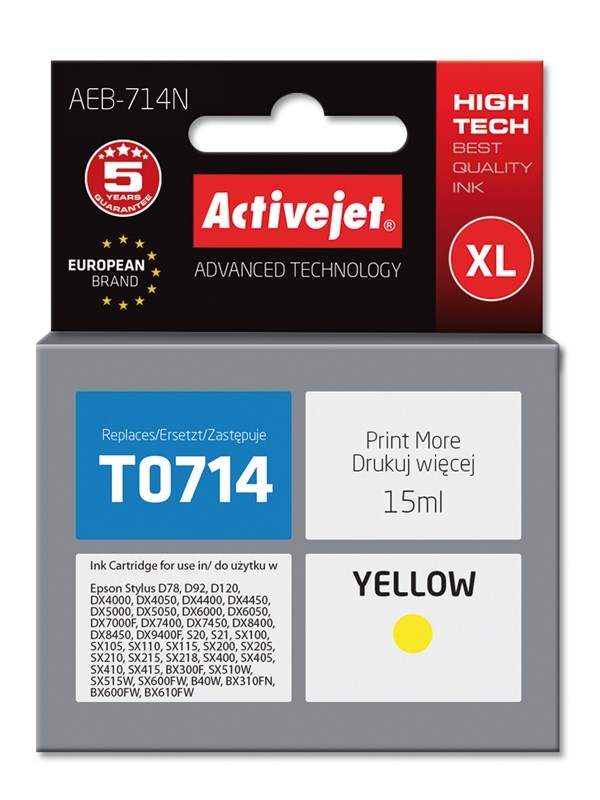 Activejet Inkoust AEB-714N (náhradní inkoust Epson T0714, T0894, T1004; Supreme; 15 ml; žlutý)