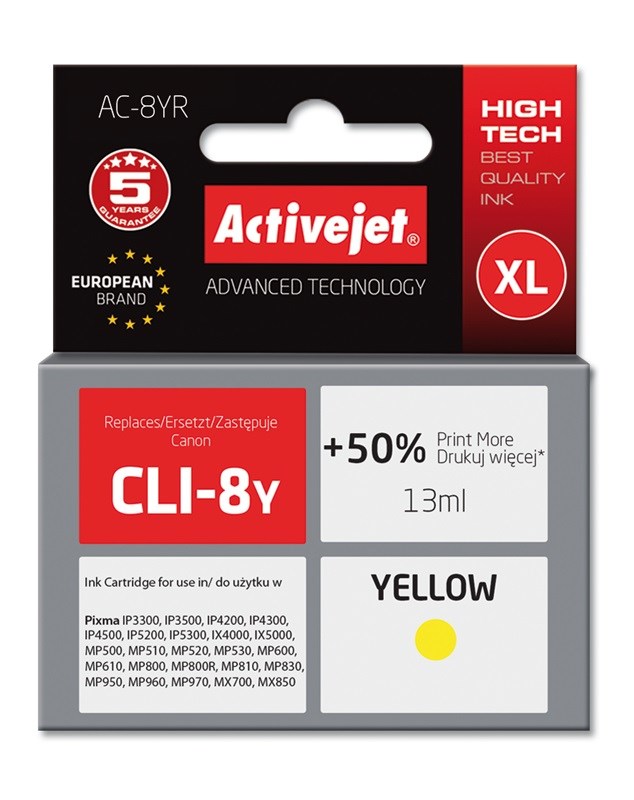Activejet Inkoust AC-8YR (náhrada Canon CLI-8Y; Premium; 13 ml; žlutý)