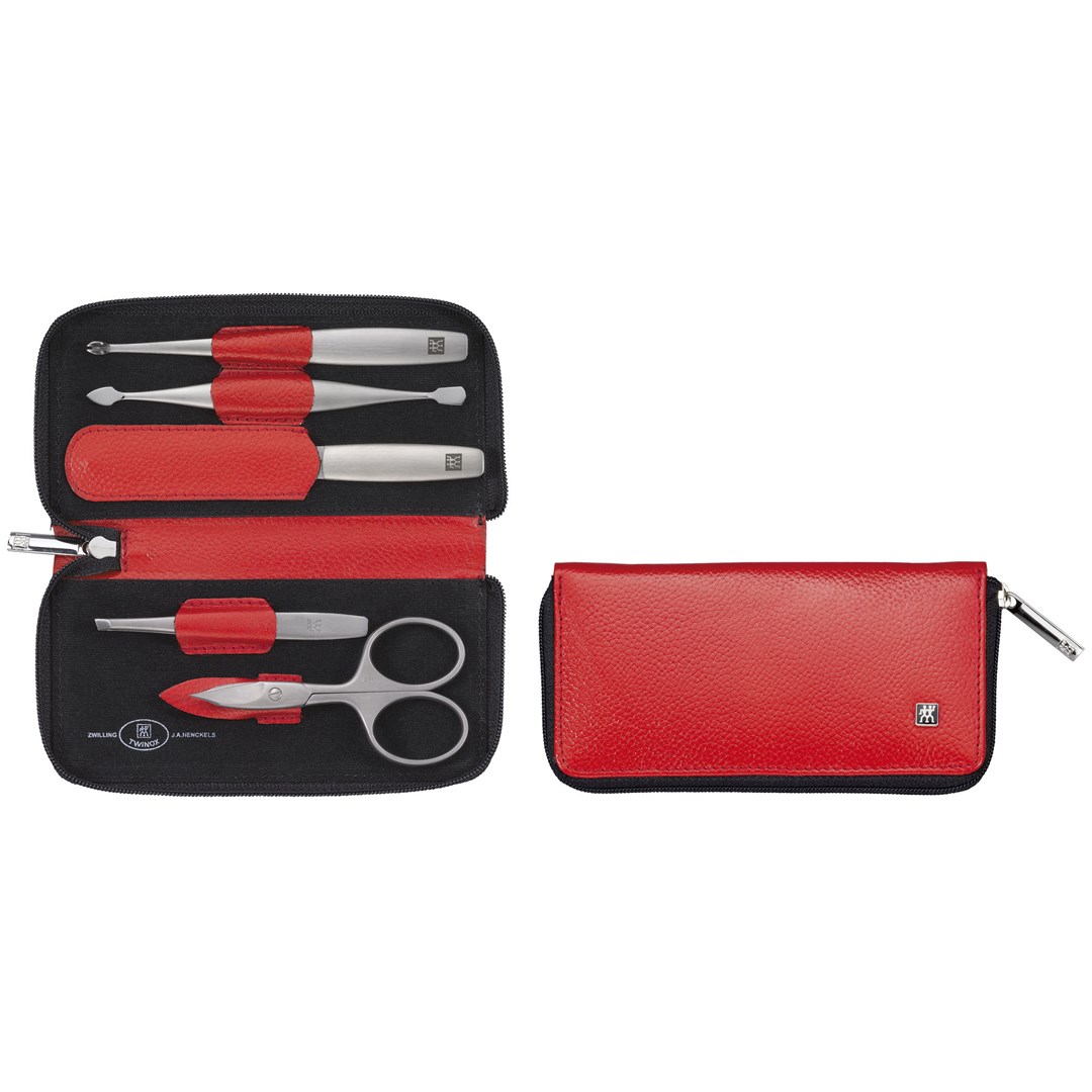 Zwilling Twinox Travel Set - Rdeč, 5-delni z usnjenim etuijem