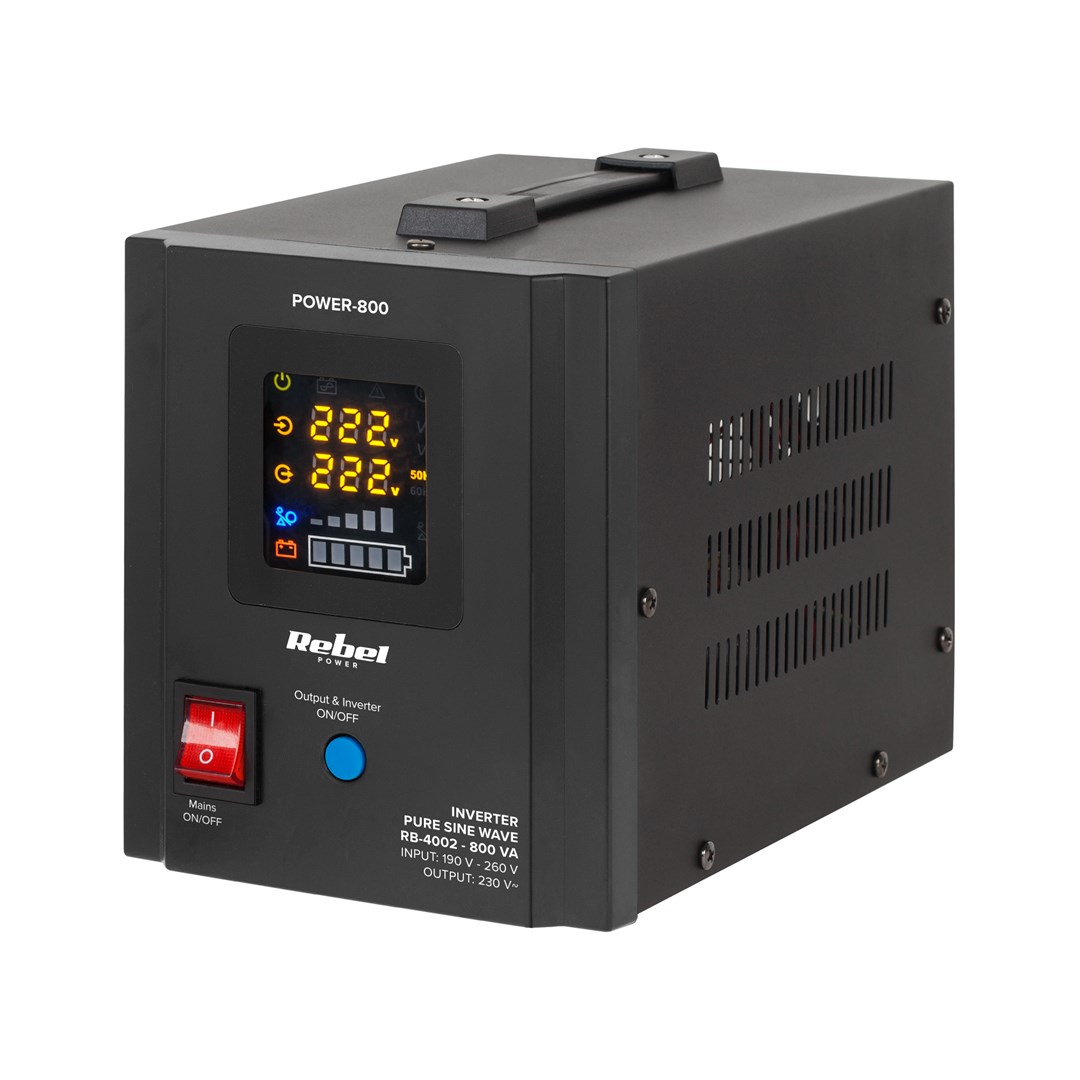 Napajalnik Rebel POWER-800 - pretvornik s sinusnim izklopom, funkcija polnjenja 12V/230V, 800VA/500W