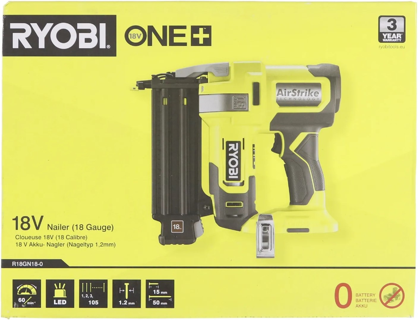 RYOBI 18 V ONE+ akumulatorski žebljar R18GN18-0