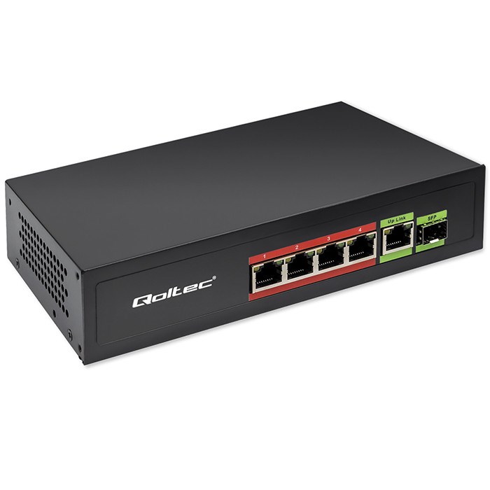 Qoltec omrežni preklopnik FAST Ethernet PoE 4x RJ45 PoE 1x RJ45 Uplink 1x SFP | 65W | 1000 Mb