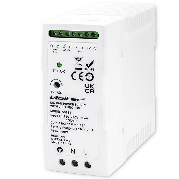 Qoltec stabilno napajalnik za DIN letev z UPS funkcijo | 40W