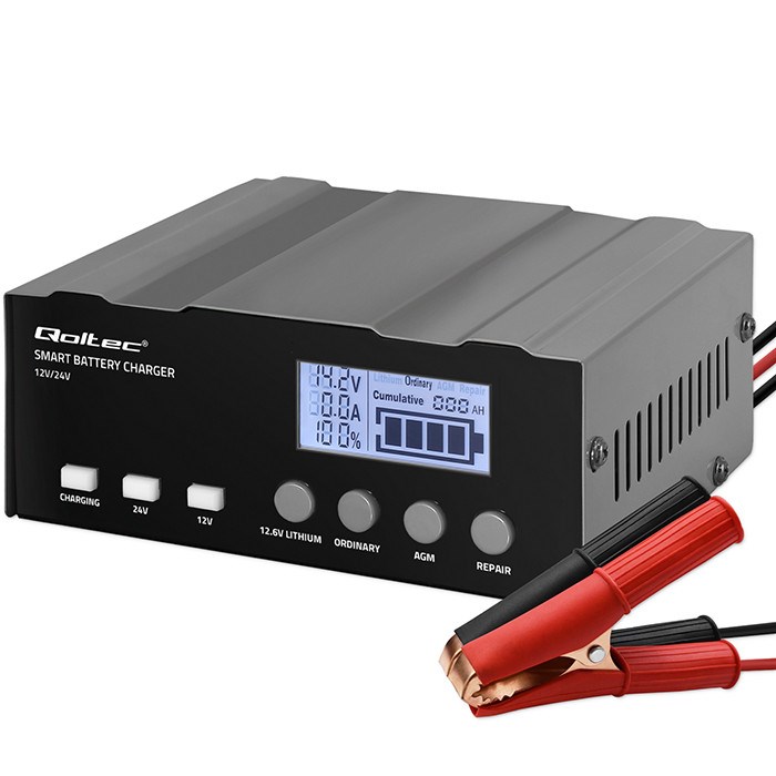 Qoltec 12V pametni mikroprocesorski polnilec | 12,6V | 24V | LCD