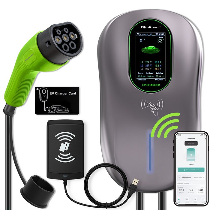 Qoltec polnilna postaja EV Tip 2 za električne in hibridne avtomobile | 22kW | LCD | 2 Kartici EV | 3 faze | Wallbox | 5m