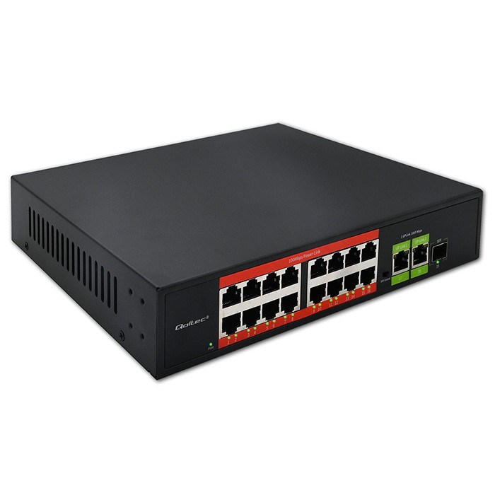 Qoltec omrežni stikalo, Fast Ethernet PoE, 16x RJ45, 2x Uplink, 1x SFP