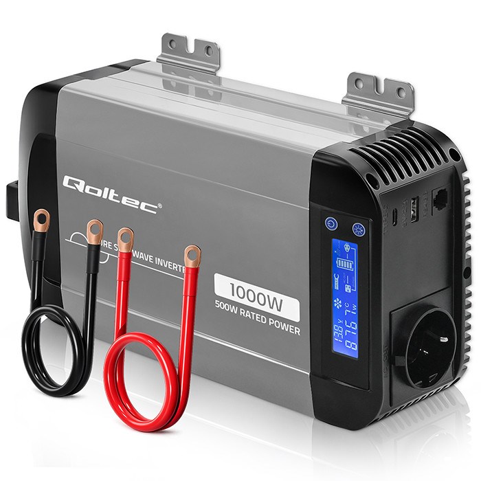 Qoltec 52688 pretvornik napetosti Pure Sine Wave, 12V na 230V, 1000W, LCD, USB, USB-C