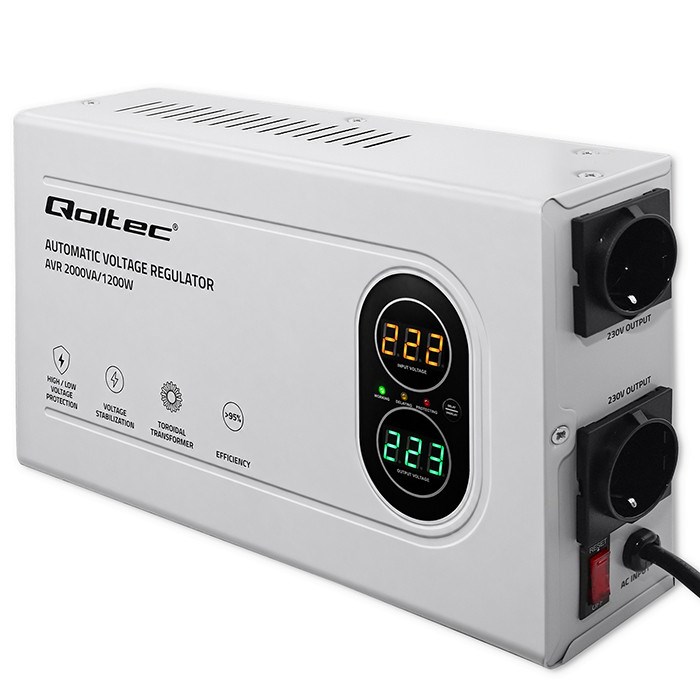 Qoltec avtomatski stabilizator napetosti AVR 2000VA | 1200W, kompakten, toroidni transformator