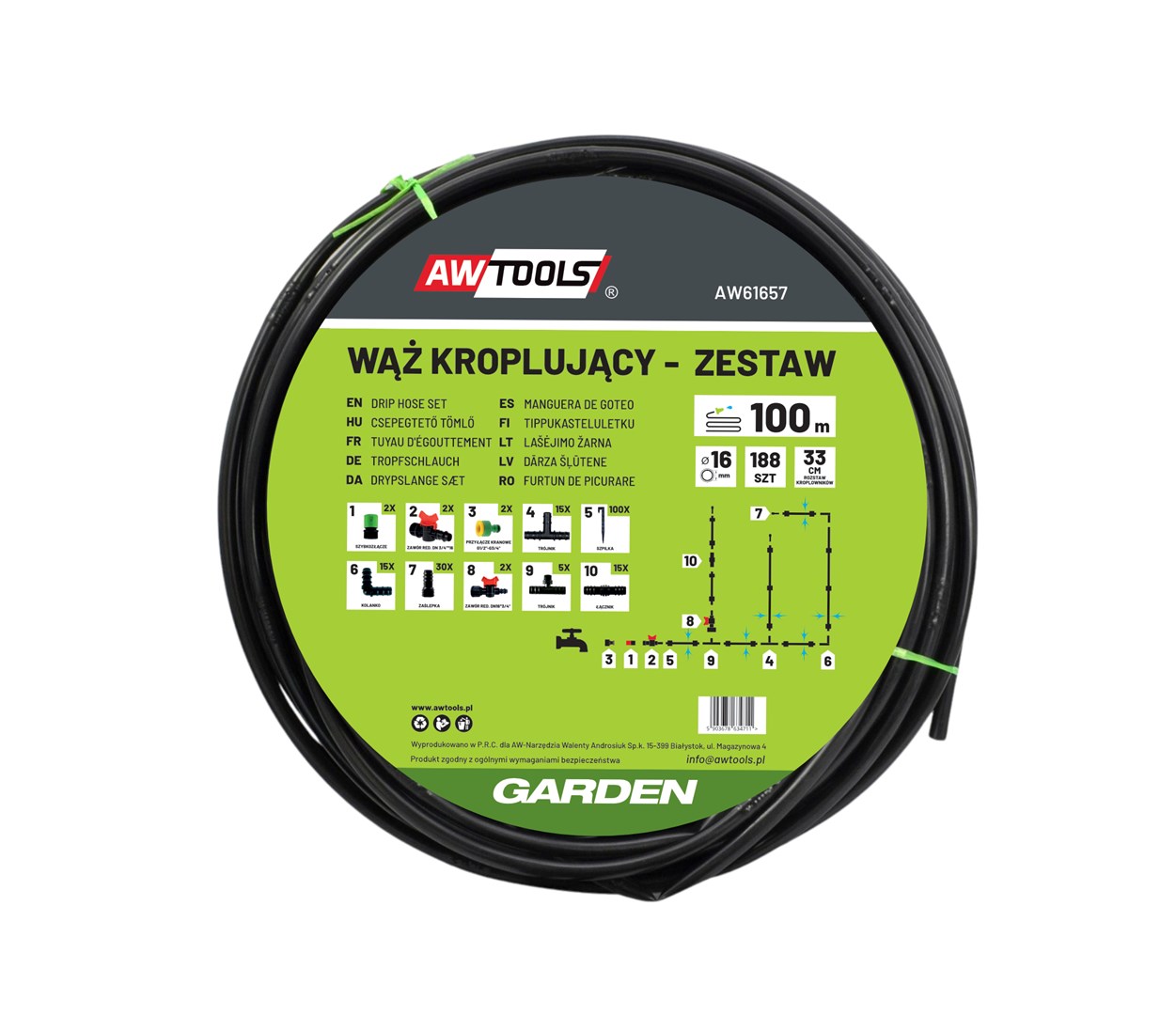 AWTOOLS kapljični sistem za namakanje, komplet 100m, 188 kosov