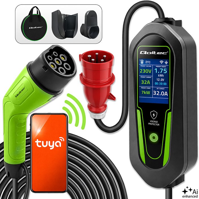Qoltec Polnilna postaja za EV/hibride Typ2 | 7kW | 230V | CEE 32A | Wi-Fi | Tuya