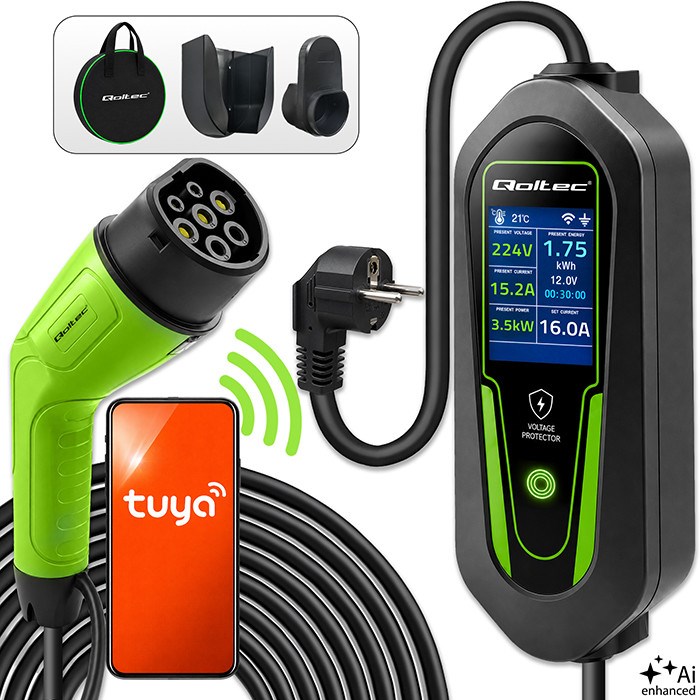 Qoltec Polnilna postaja za EV/hibride Typ2 | 3.5kW | 230V | SCHUKO 16A | Wi-Fi | Tuya