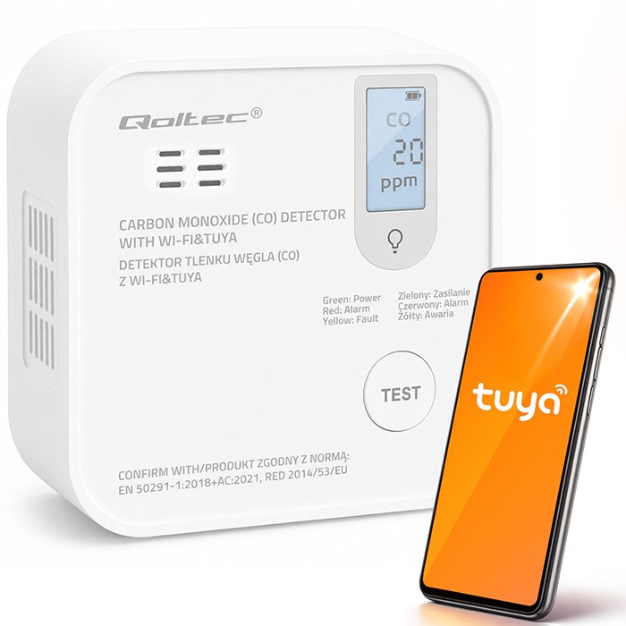 Qoltec Certificiran brezžični detektor CO z Wi-Fi (TUYA)