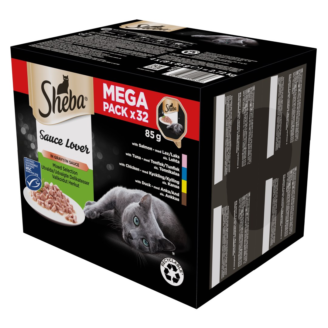 Sheba Sauce Lover mokra hrana za mačke - piščanec, račje, losos, tuna (32 x 85g)