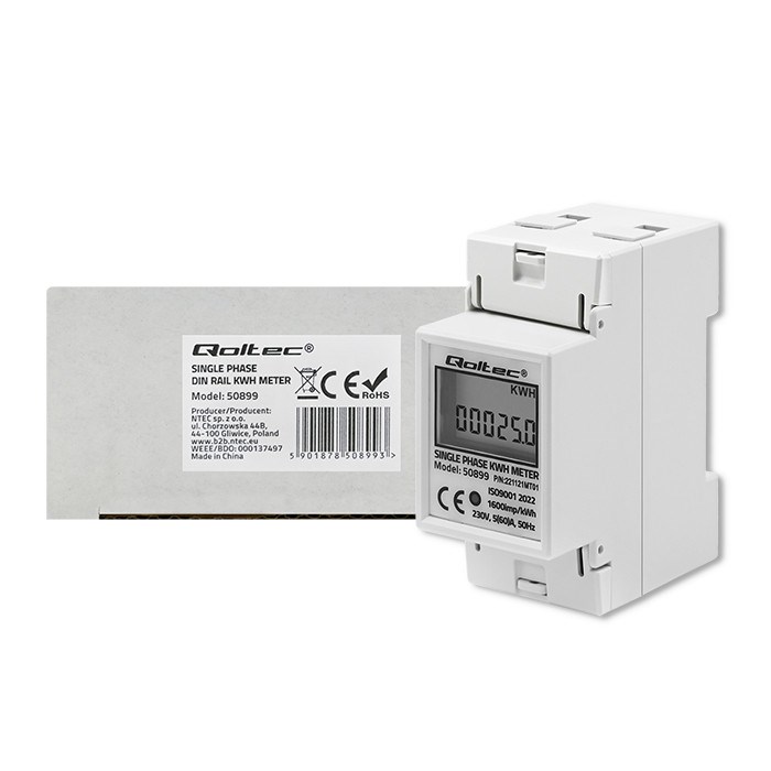 Enofazni merilnik porabe Qoltec 50899, 230V, LCD, DIN letev