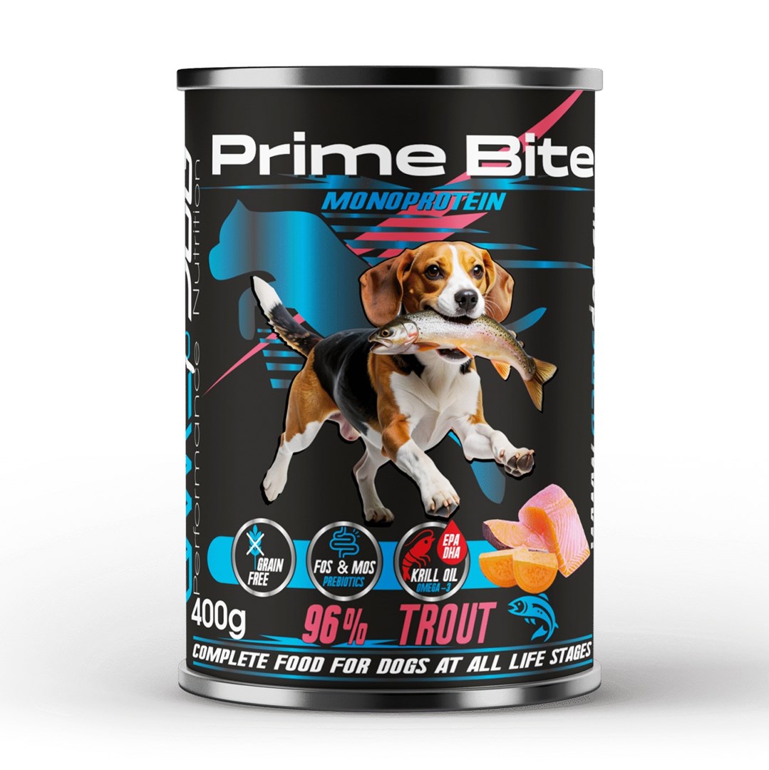 Pasja mokra hrana GDO PRIME BITE Monoprotein losos s krompirjem, 400 g
