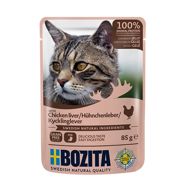 Bozita Piščančji jetrni koščki v želatini - vlažna hrana za mačke, 85 g
