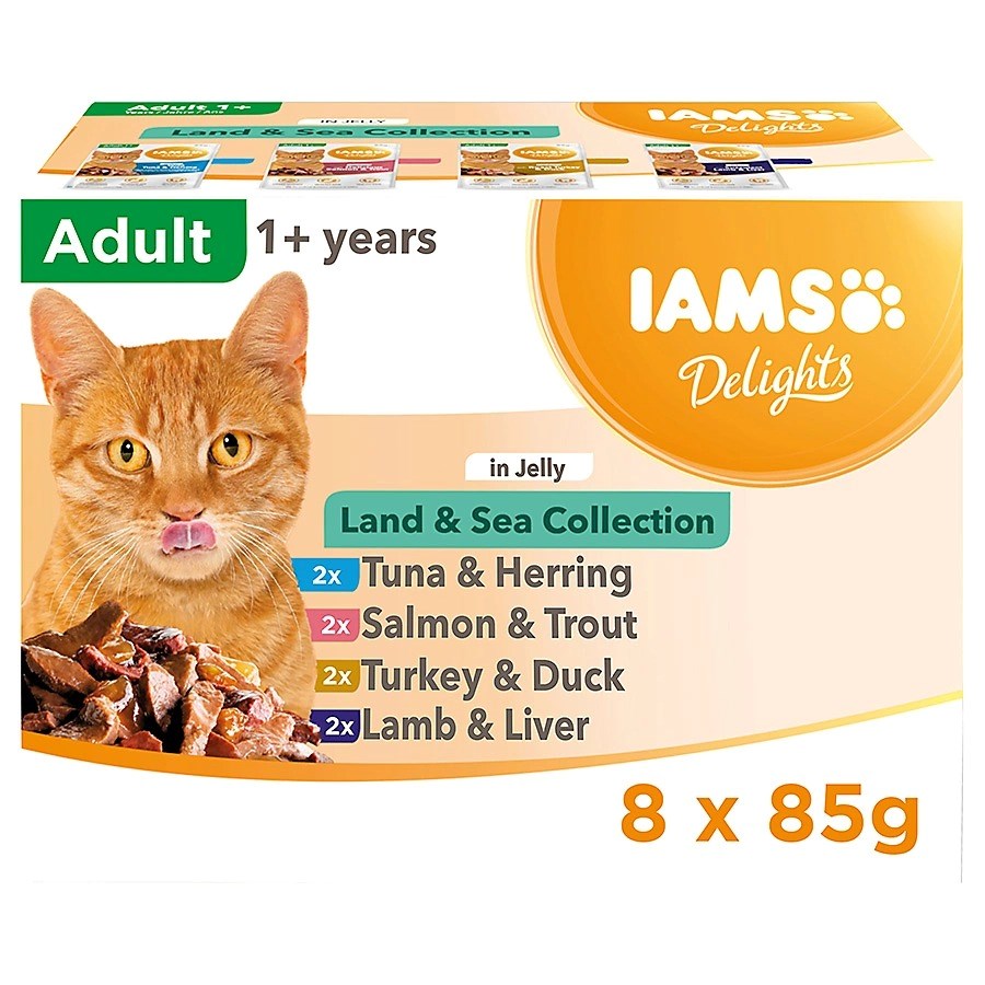 IAMS DELIGHTS Zbirka kopna in morja v omaki box – mokra hrana za mačke – 8x85g