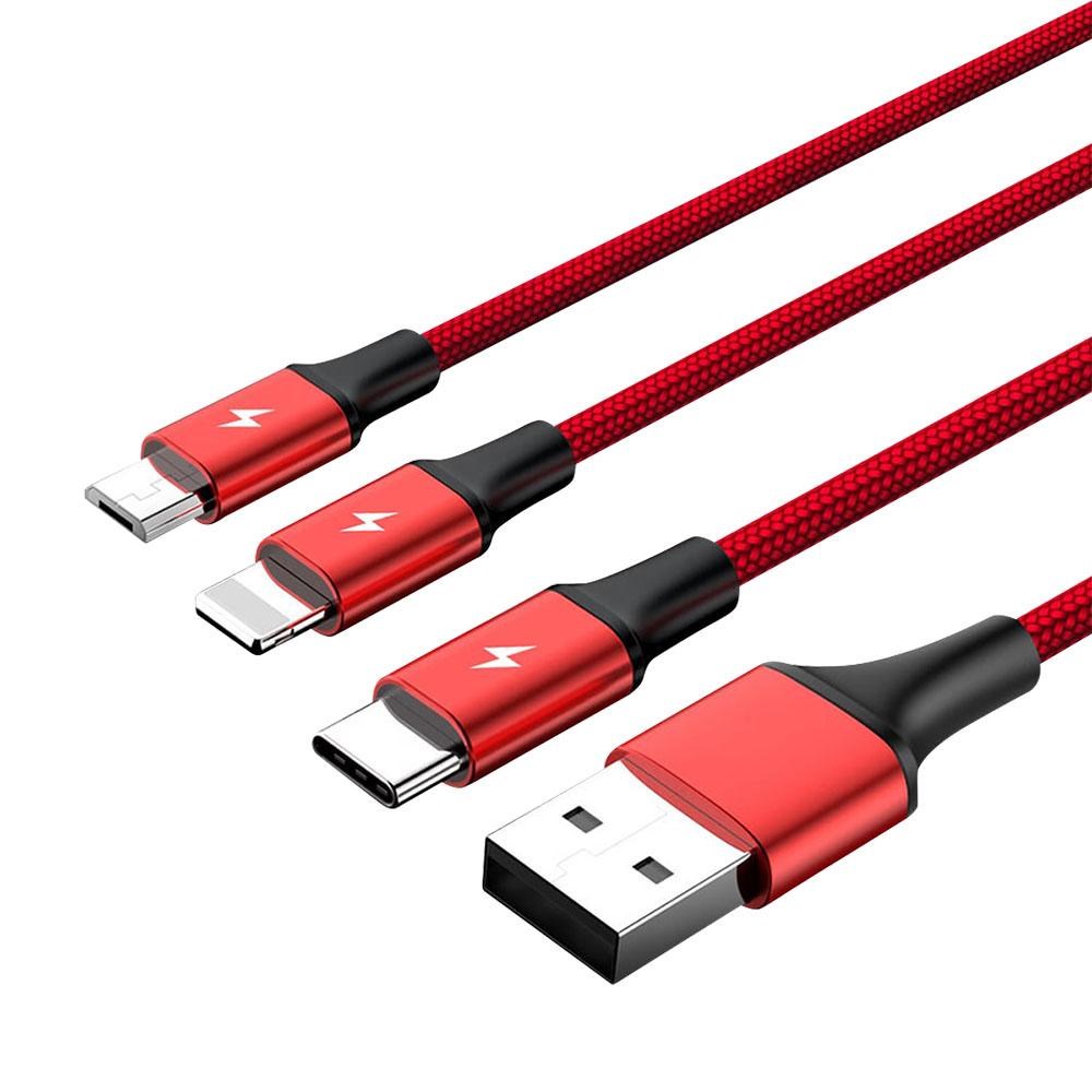 UTK C4049RD USB A v USB C/Micro-USB B/Lightning kabel, 1.2 m, rdeč