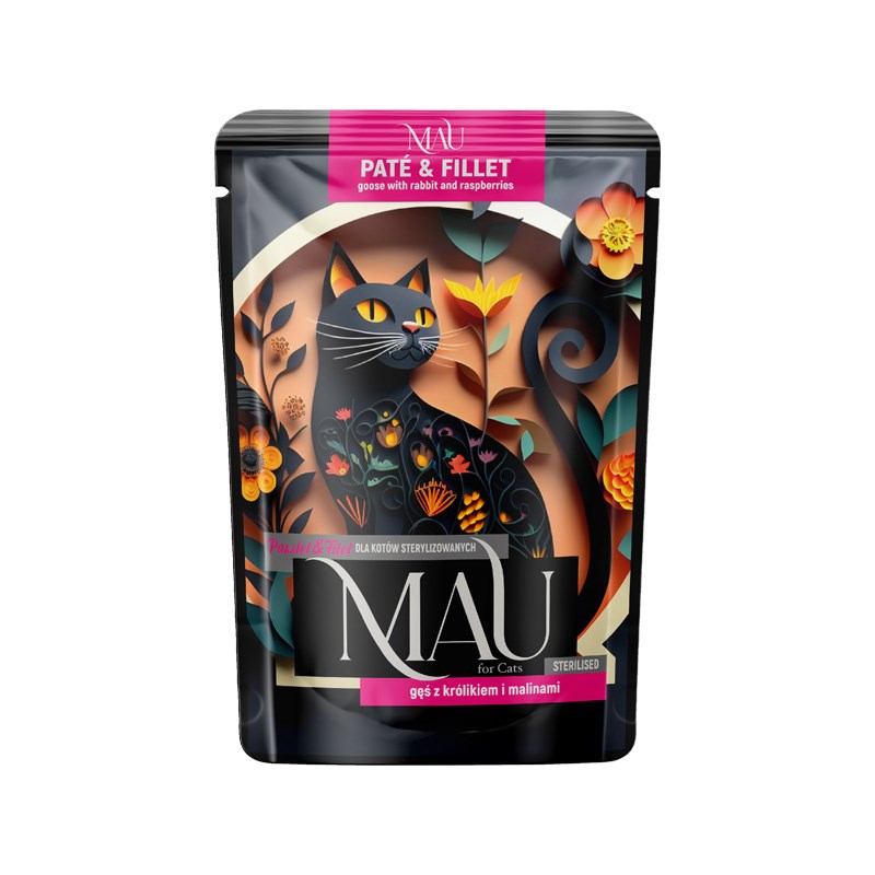 MAU Pate & Fillet Mokra hrana za sterilizirane mačke, gos z zajcem in malinami, 85g
