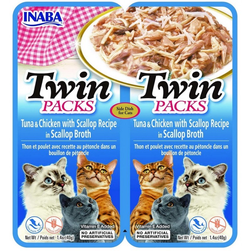 Poslastica za mačke INABA CAT Twin Tuna s piščancem in Jakobovimi pokrovačami v brozgi, 2x40g
