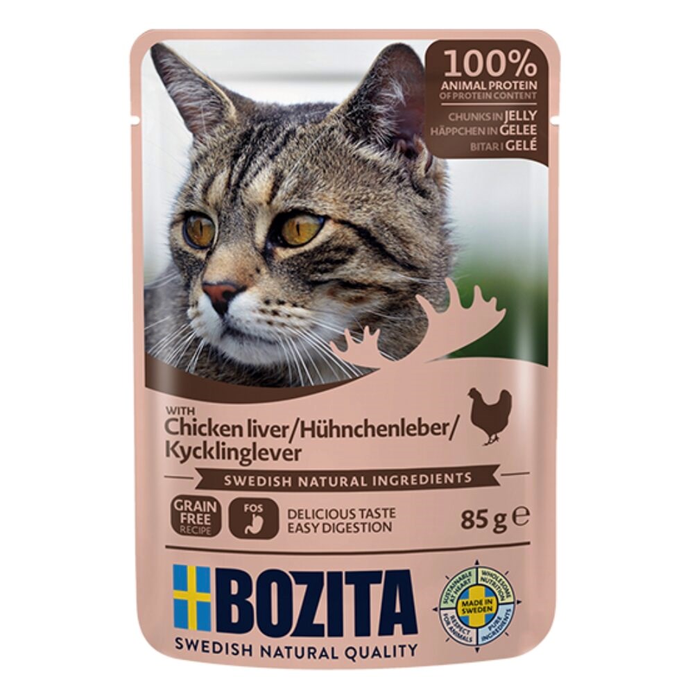 BOZITA Koščki v želeju s piščančjo jetrco - mokra hrana za mačke - 85g