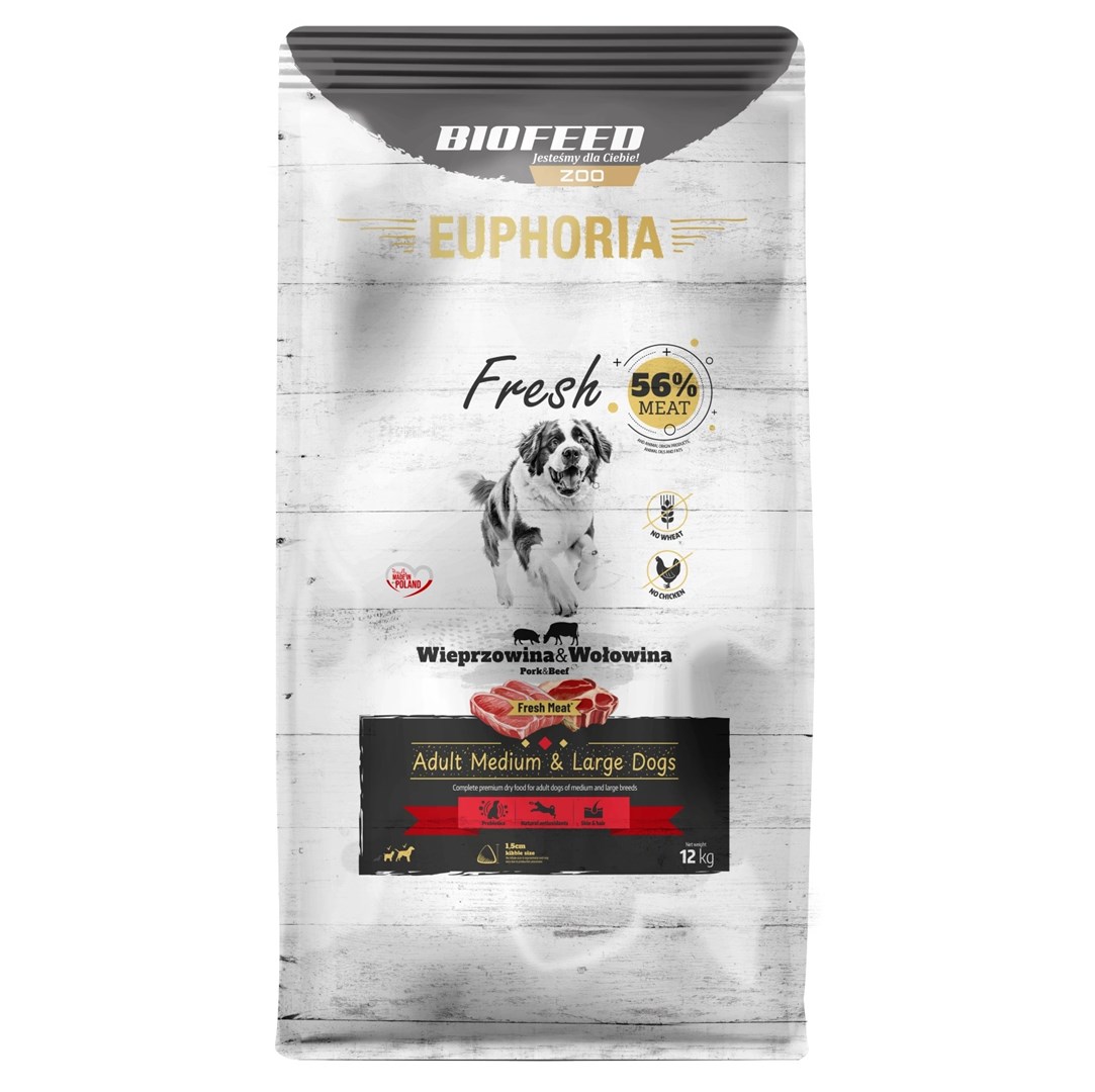BIOFEED EUPHORIA Fresh Suha hrana za pse, Medium & Large, svinjina z govedino, 12 kg