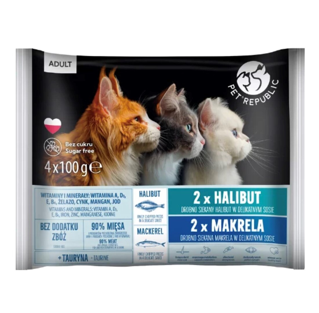 PETREPUBLIC Odrasel halibut in skuša – mokra hrana za mačke – 4x100g