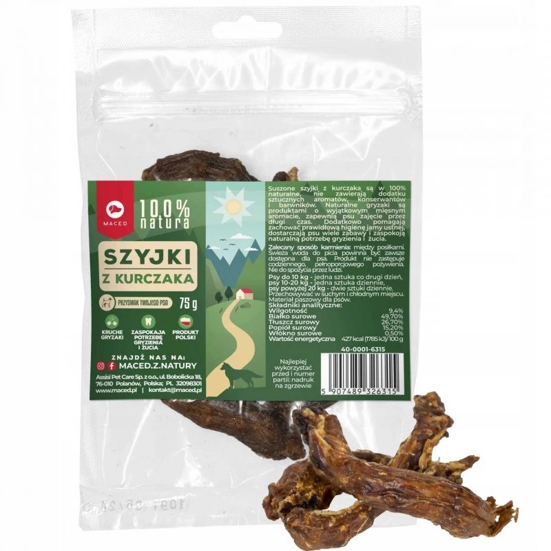 MACED Posušeni piščančji vratki 100% Nature - priboljšek za pse, 75 g