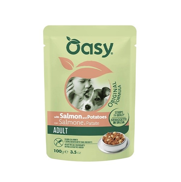 OASY Strips in Gravy Adult - mokra hrana za pse, losos in krompir, 100 g