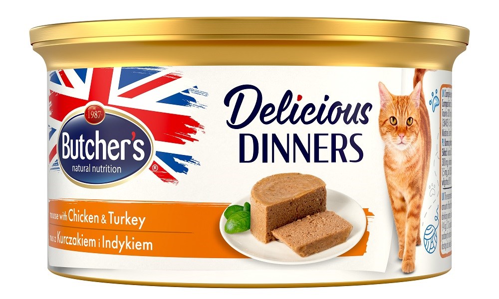 BUTCHER'S Delicious Dinners Piščanec s puranom, mokra hrana za mačke, 85 g