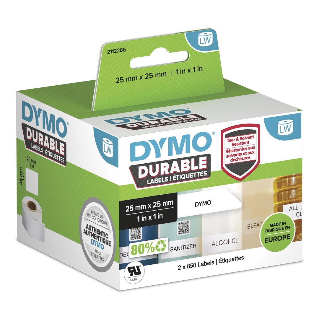 DYMO Durable Labels, bele polipropilenske nalepke 25x25mm, 2x850 kosov