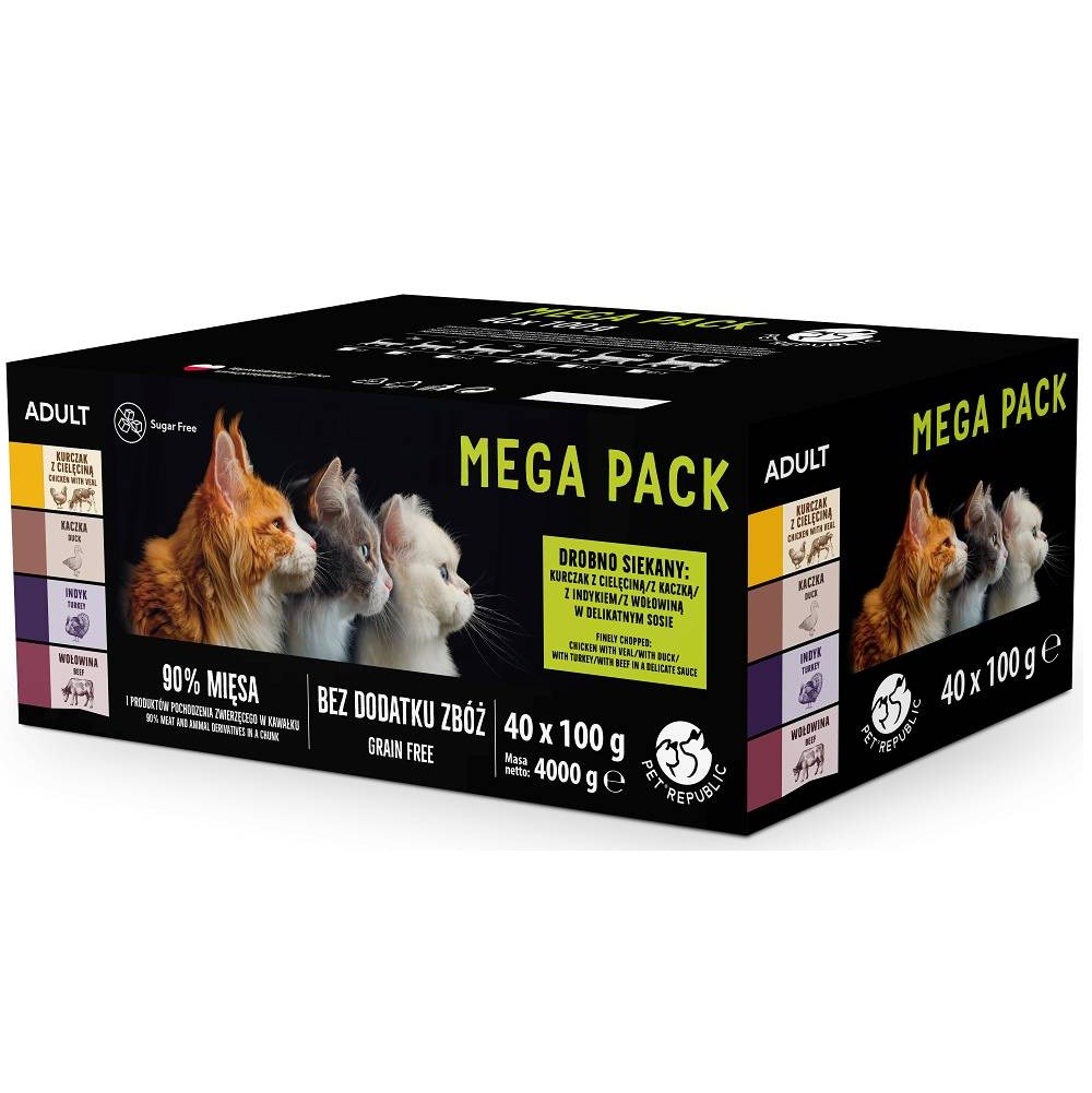 PETREPUBLIC Mega Pack Chicken: piščanec, teletina, račja, puranja, goveja - mokra hrana za mačke - 40x100g