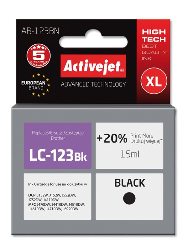 Nadomestna črna črnila Activejet AB-123BN (za Brother LC123Bk/LC121Bk), 15 ml