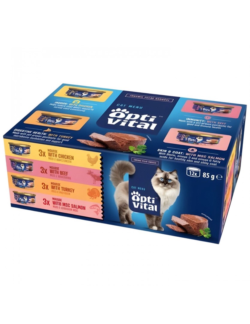 OPTIVITAL Pasja hrana v peni Govedina, piščanec, puran, losos - 12x85g
