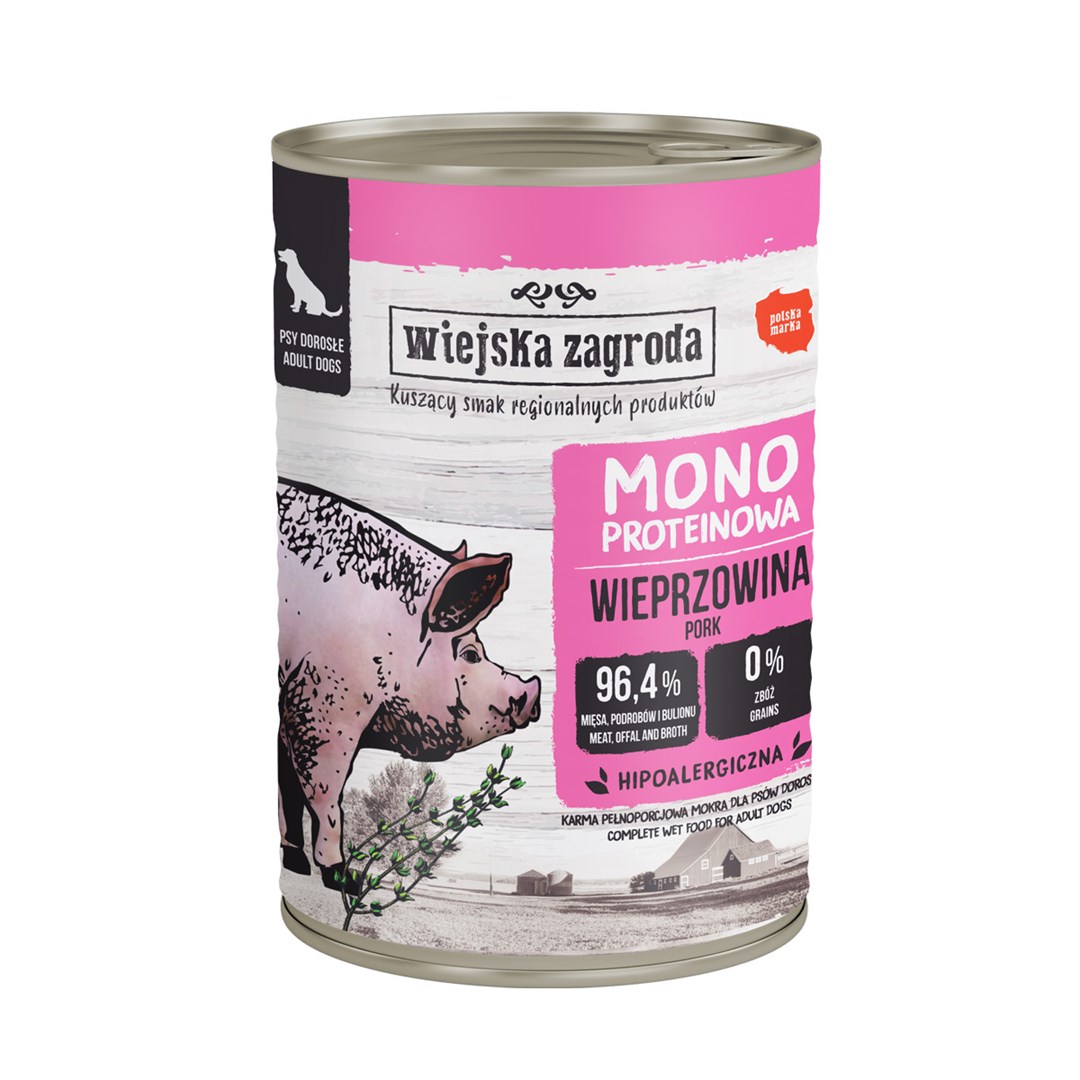 WIEJSKA ZAGRODA Mono-proteini Svinjski griz - mokra hrana za pse - 400g