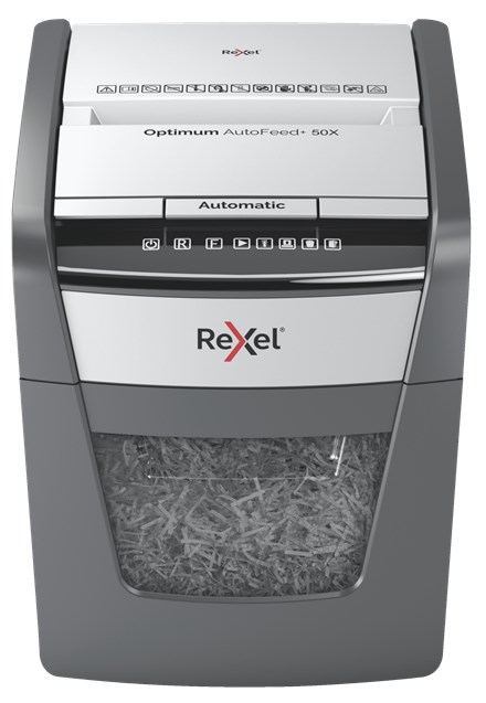 Rexel Optimum AutoFeed+ 50X drobilnik papirja, križni rez, 55 dB, 22 cm, črna/siva