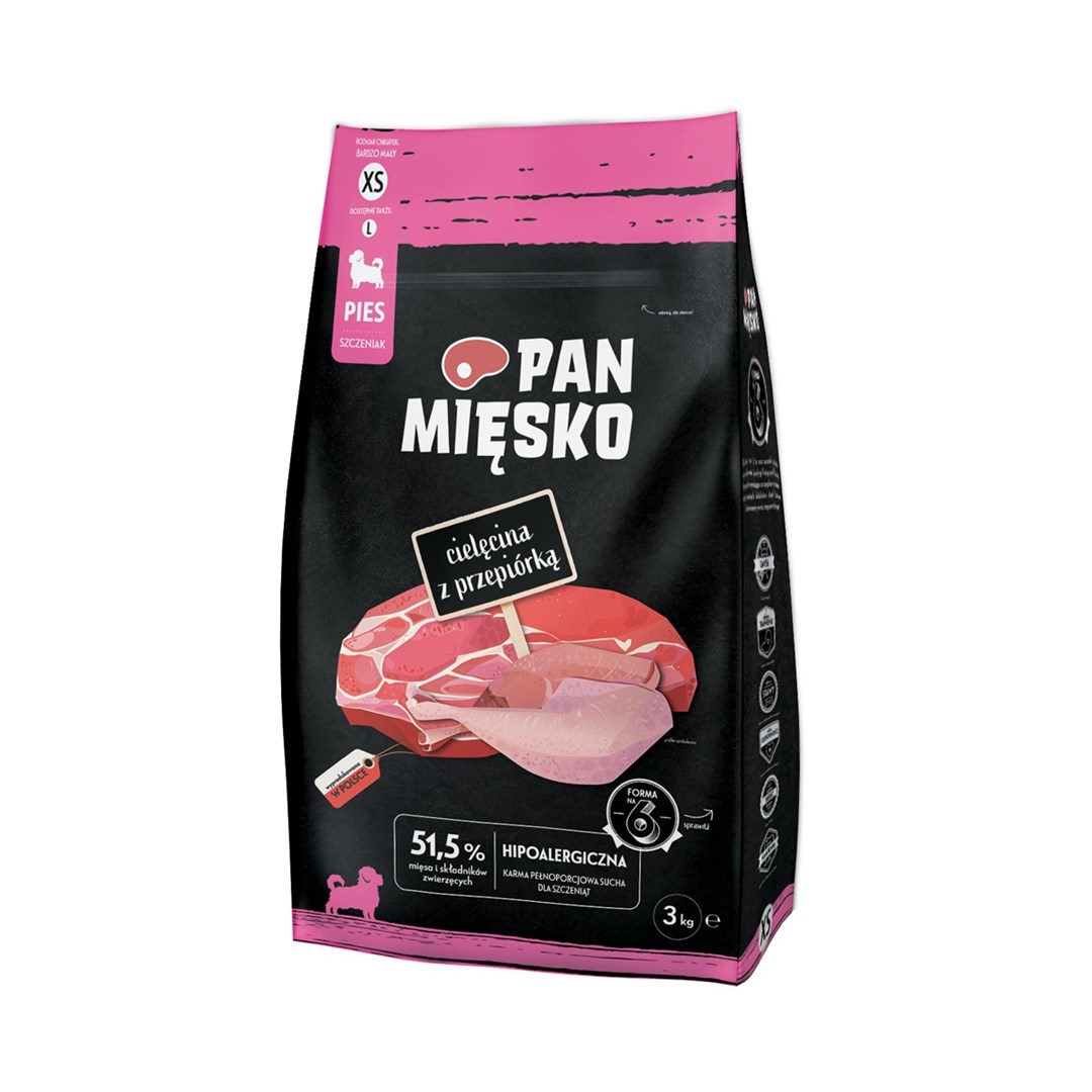 PAN MIĘSKO Teletina z prepelico XS (puppy) - Suha hrana za pse, 3kg
